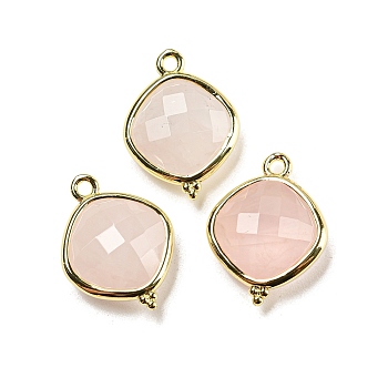 Natural Rose Quartz Pendants, Rack Plating Golden Plated Brass Faceted Rhombus Charms, 19x14.5x5.5mm, Hole: 1.6mm