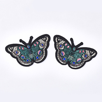 Computerized Embroidery Cloth Iron On Patches, Costume Accessories, Appliques, Butterfly, Teal, 54x87x1mm
