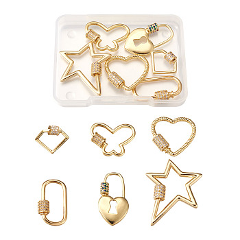 Brass Micro Pave Clear Cubic Zirconia Screw Carabiner Lock Charms, for Necklaces Making, Mixed Shapes, Golden, 6pcs/box