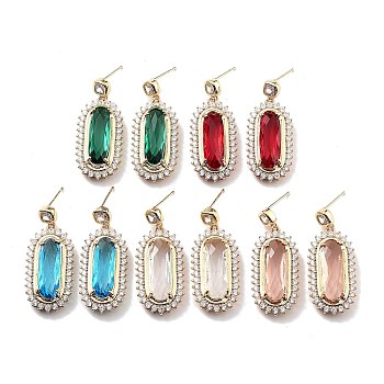 Light Gold Brass Micro Pave Cubic Zirconia Dangle Stud Earrings, Glass Oval Drop Earrings, Mixed Color, 38x15.5mm