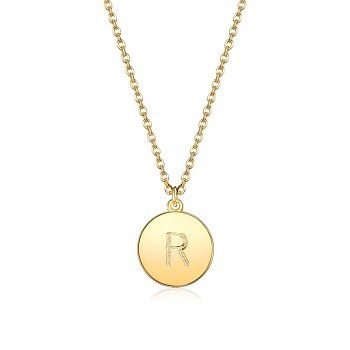 Brass Initial Pendant Necklace, with Cable Chains, Flat Round, Letter R, Golden, 16.14 inch(41cm), 2mm