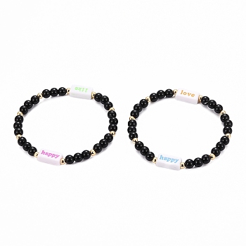 Stretch Bracelets, with Acrylic Beads and Golden Plated Brass Beads, Rubberized, Round & Rectangle with Word, Black, Inner Diameter: 2-1/8 inch(5.4cm)