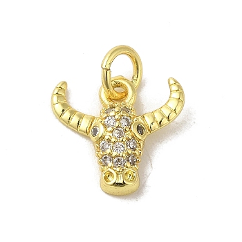 Real 18K Gold Plated Brass Pave Clear Cubic Zirconia Pendants, with Jump Rings, Cattle, 11x12x2.5mm, Hole: 3mm