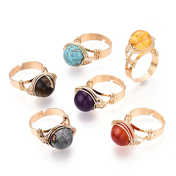 Natural Howlite & Citrine & Tiger Eye & Natural Carnelian & Amethyst & Lapis Lazuli Round Finger Rings, Brass Wire Wrapped Adjustable Ring for Women, Light Gold, 13~14mm, US Size 7 1/4(17.5mm)