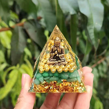 Orgonite Pyramid Resin Energy Generators, Reiki Natural Green Aventurine Chips and Buddha Inside for Home Office Desk Decoration, 50x50x50mm