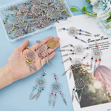 36Pcs 4 Colors Tibetan Style Alloy Woven Net/Web with Feather European Dangle Charms(HJEW-AB00503)-3