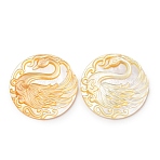 Natural Yellow Shell Carved Cabochons, Flat Round with Cameo Swan Pattern, Gold, 25x2.5mm(SHEL-G024-03B)