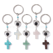 Gemstone Cross Pendant Keychain, with Natural Lava Rock & Alloy Heart Link and Iron Split Key Rings, 10.55~10.7cm(KEYC-JKC00516)