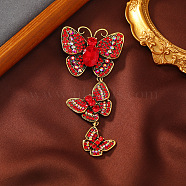 Creative Long Alloy Triple Butterfly Brooch, Rhinestone Retro Insect Brooch, for Ceremony Banquet Suit Accessory, Siam, 110x52mm(PW-WG59366-05)