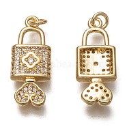 Brass Micro Pave Clear Cubic Zirconia Pendants, Long-Lasting Plated, with Jump Rings, Lock with Heart, Real 18K Gold Plated, 21.5x8.5x3mm, Jump Ring: 4x1mm, 2mm Inner Diameter(ZIRC-C020-15G)