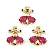 Rack Plating Real 18K Gold Plated Brass Pendants, with Cubic Zirconia, Long-Lasting Plated, Lead Free & Cadmium Free, Insect, Fuchsia, 14.5x16x4.5mm, Hole: 3.5mm(KK-B077-29G-01)