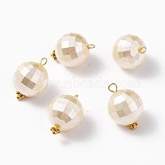 Acrylic Imitation Pearl Pendants, with Alloy Flower Daisy Spacer Beads & Brass Ball Head Pins, Golden, Faceted, Round, Old Lace, 20x13.5mm, Hole: 2mm(PALLOY-JF00573)