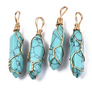 Synthetic Turquoise Big Pendants, with Golden Brass Findings, Hexagonal Prisms, Dyed, 44.5~52x10~11x9.5~10.5mm, Hole: 4x7mm(G-T122-70E)