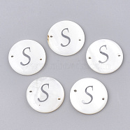 Freshwater Shell Links connectors, with Brass Findings, Flat Round, Platinum, Letter.S, 20~21x3mm, Hole: 1.2mm(SHEL-S274-22S-P)