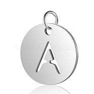 304 Stainless Steel Charms, Flat Round with Letter, Stainless Steel Color, Letter.A, 12x1mm, Hole: 2.5mm(STAS-S105-T514S-A)
