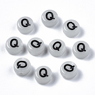 Acrylic Beads, with Enamel and Luminous, Horizontal Hole, Flat Round with Black Letter, Glow in the Dark, Light Grey, Letter.Q, 7x3.5mm, Hole: 1.5mm, about 3600~3700pcs/500g(SACR-S273-29Q)