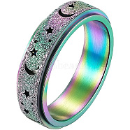 Stainless Steel Moon and Star Rotatable Finger Ring, Spinner Fidget Band Anxiety Stress Relief Ring for Women, Rainbow Color, US Size 6(16.5mm)(MOST-PW0001-005B-01)