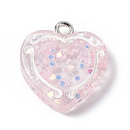 Transparent Resin Pendants, with Platinum Tone Iron Loops, Heart Charm with Glitter Powder and Paillette, Pink, 20x17.6x3.5mm, Hole: 2mm(RESI-C029-01B)