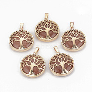 Synthetic Goldstone Pendants, with Brass Findings, Flat Round with Tree of Life, Golden, 30.5x27x8mm, Hole: 7x3mm(G-S292-10F-G)