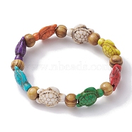 Beach Turtle Dye Synthetic Turquoise Beaded Stretch Barcelets, Summer Wood Beaded Stretch Bracelets for Women, Colorful, Inner Diameter: 1-7/8~2 inch(4.85~5.2cm), Bead: 7x8~8.5mm, Turtle: 17x14mm (BJEW-JB10297-01)