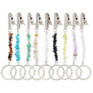 Natural Gemstone Chip Long Clips, with Alloy Split Key Rings & Iron ID Clips, 132mm, 9 colors, 1pc/color, 9pcs/set(AJEW-AB00037)