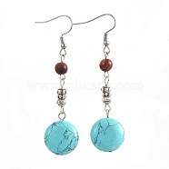 Synthetic Turquoise Dangle Earrings, with Natural Sandalwood and Alloy Beads, 304 Stainless Steel Earring Hooks, Flat Round, 65mm, Pin: 0.7mm(EJEW-JE02976-04)