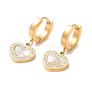 Synthetic White Shell Heart Dangle Hoop Earrings with Rhinestone, Ion Plating(IP) 304 Stainless Steel Jewelry, Golden, 28mm, Pin: 1mm(EJEW-E286-06G)