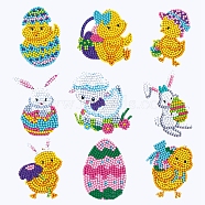 DIY Duck & Rabbit & Easter Egg Diamond Painting Sticker Kits, including Self Adhesive Sticker, Resin Rhinestones, Diamond Sticky Pen, Tray Plate and Glue Clay, Animal Pattern, 60~70mm, 9 patterns, 1pc/pattern, 9pcs(DIAM-PW0001-193E)