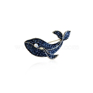 Whale Alloy Full Rhinestone Sea Animal Brooch, for Clothes, Golden, Capri Blue, 50mm(PW-WGFCED2-01)