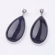 Synthetic Blue Goldstone Big Pendants, with Platinum Tone Brass Findings, Lead Free & Nickel Free, Teardrop, 50x26x9mm, Hole: 5x6mm(G-I184-05)