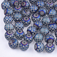 Electroplate Glass Beads, Plaid Beads, Frosted, Round with Tartan Pattern, Blue, 8~8.5mm, Hole: 1.5mm(EGLA-S178-04C)