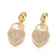 Brass Micro Pave Clear Cubic Zirconia European Dangle Charms, Large Hole Pendants, Heart Lock, Golden, 27mm, Hole: 5mm, Heart: 19x13x2mm(OPDL-L016-06G)