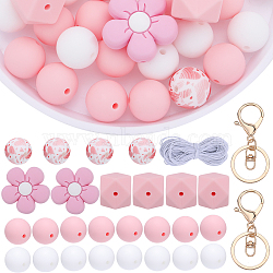 DIY Flower Keychain Making Kit, Including Silicone Beads, Elastic Cord, Alloy Keychain Clasp Findings, Pink, 40Pcs/bag(DIY-SC0022-47)