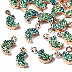 Druzy Resin Pendants, with Edge Light Gold Plated Iron Loops, Moon, AB Color Plated, Dodger Blue, 14~15x8x4mm, Hole: 1.8mm(X-RESI-S383-007-B01)