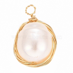 Acrylic Imitation Pearl Wire Wrapped Pendants, Bird Nest Charms, with Golden Plated Brass Loop, Oval, Creamy White, 19x12x10mm, Hole: 2mm(PALLOY-JF00529)