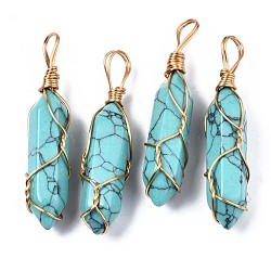 Synthetic Turquoise Big Pendants, with Golden Brass Findings, Hexagonal Prisms, Dyed, 44.5~52x10~11x9.5~10.5mm, Hole: 4x7mm(G-T122-70E)