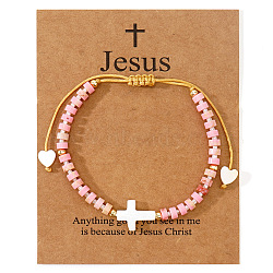 European American Synthetic Imperial Jasper Beaded Braided Bracelets, Shell Pearl Cross & Heart Adjustable Bracelets for Women, 11 inch(28cm)(VZ2609-8)