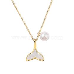 Round ABS Imitation Pearl & Shell Whale Tail Pendant Necklaces, 304 Stainless Steel Jewelry for Women, Long-Lasting Plated, Real 18K Gold Plated, 16.14 inch(41cm), Extender: 60mm, Pendant: 19x15mm, Bead: 11x8mm(NJEW-N055-06G)