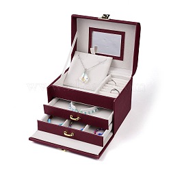 PU Leather Jewelry Organizer Box, with Wood Inside Box & Mirror, Portable Jewelry Storage Case, for Ring, Earrings and Necklace, Rectangle, Dark Red, 15x12.5x12.5cm(CON-P012-04C)