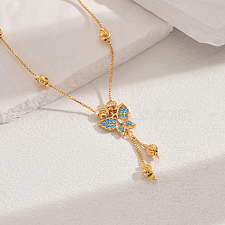 Fashionable Brass Pave Cubic Zirconia Butterfly Pendant Necklaces, Tassel Necklaces for Women, Real 18K Gold Plated, Deep Sky Blue, 17.91 inch(45.5cm)(CT9950-2)