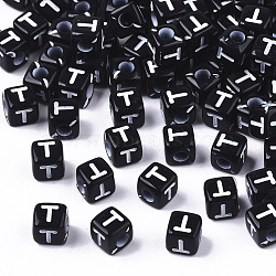 Opaque Acrylic Beads, Horizontal Hole, Alphabet Style, Cube, Black & White, Letter.T, 5x5x5mm, Hole: 2mm, about 500pcs/50g(X-SACR-N002-01T)