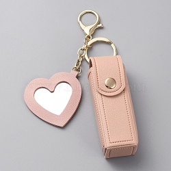 PU Leather Lipstick Storage Bags, Portable Lip Balm Organizer Holder for Women Ladies, with Light Gold Tone Alloy Keychain and Mirror, Heart, Pink, 15.1cm(HJEW-WH0072-02A)