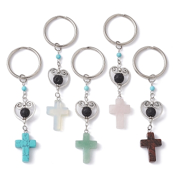 Gemstone Cross Pendant Keychain, with Natural Lava Rock & Alloy Heart Link and Iron Split Key Rings, 10.55~10.7cm