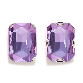 Sew on Rhinestone, Glass Rhinestone, with Iron Prong Settings, Garments Accessories, Faceted, Rectangle, Light Amethyst, 18x13x7.5mm, Hole: 1.5mm