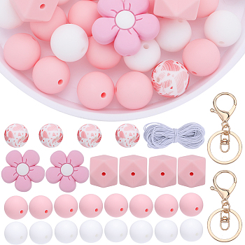 DIY Flower Keychain Making Kit, Including Silicone Beads, Elastic Cord, Alloy Keychain Clasp Findings, Pink, 40Pcs/bag