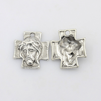 Tibetan Style Alloy Cross with Jesus Alloy Pendants for Easter Jewelry, Lead Free and Cadmium Free, Antique Silver, 23x21x6mm, Hole: 2mm