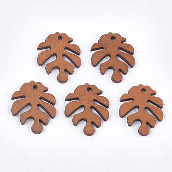 Painted Poplar Wood Pendants, Tropical Leaf Charms, Monstera Leaf, Chocolate, 30x24x2.5~3mm, Hole: 1.5~2mm