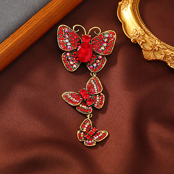Creative Long Alloy Triple Butterfly Brooch, Rhinestone Retro Insect Brooch, for Ceremony Banquet Suit Accessory, Siam, 110x52mm
