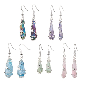 Irregular Nugget & Star Dyed Natural Quartz Crystal Dangle Earrings, Brass Wire Wrap Earrings, Mixed Color, Silver, 41~53x6.5~11mm