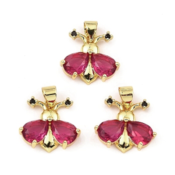Rack Plating Real 18K Gold Plated Brass Pendants, with Cubic Zirconia, Long-Lasting Plated, Lead Free & Cadmium Free, Insect, Fuchsia, 14.5x16x4.5mm, Hole: 3.5mm